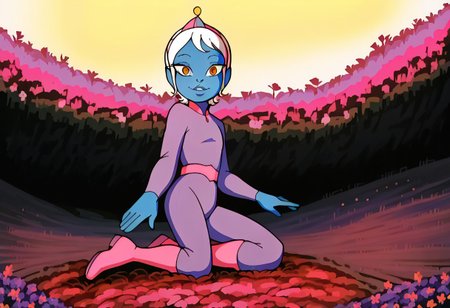 themis, pink boots, white hair, pink hairband, pink hair, yellow eyes, jumpsuit, flat chest, blue skin, solo, front view, sit, legs visible, happy face, on grass, outdoors, graden, looking at viewer, best, res, better, resolution, low view, side view, lots of flowers, relaxed hands on ground, to viewer, trees, falling multiple leaf, yellow sky, best res, dynamic illumination