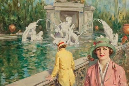 howardchandlerchristy1 illustration.
A classical fountain with statues and flowing water is surrounded by lush greenery, with urns and plants. In the foreground on the right is a woman in a pink coat and green hat. She is looking at the viewer. Behind her are two women beside the fountain. The woman on the left is in a yellow coat and hat; the other woman wears a light green jacket and a red hat.
 <lora:howardchandlerchristy1_d8a4e11:1.0><lora:865843616625467315:0>