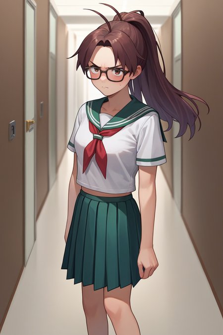 score_9, score_8_up, score_7_up, score_6_up, source_anime, BREAK 1girl, solo,  <lora:gsjenna-pdxl-nvwls-v1-000005:1> gsJenna, brown hair, ponytail, antenna hair, white t-shirt, sailor collar, red neckkerchief, green pleated skirt, hallway, glasses, annoyed, blush