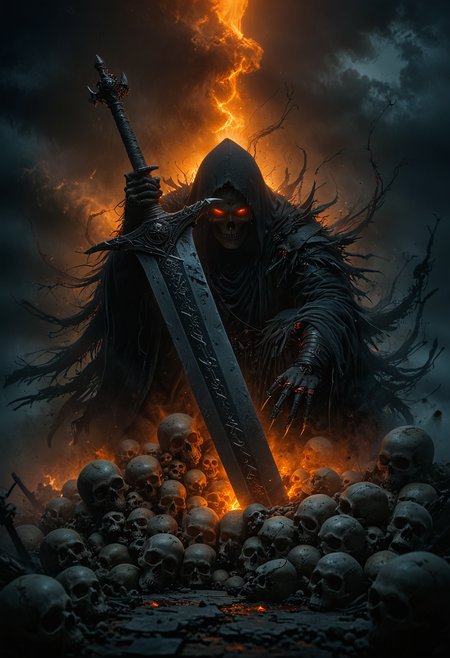 A sinister figure shrouded in tattered black robes with glowing orange eyes sits atop an enormous dark grey sword plunged into a pile of human skulls, The sword's blade emanates a soft orange light from runes etched down its center, mist of shadow curl around the figure, black smoke, skeletal hands adorned with ancient armor clasp the sword's hilt, sense of death and power under a murky grey sky, <lora:add-detail-xl:1>, <lora:- SDXL - vanta-black_contrast_V3.0:0.5>, <lora:MJ52:0.4>, <lora:EpicF4nta5yXL:0.7>, <lora:CinematicStyle_v1:0.8>, <lora:ral-ertmsphr:0.7>