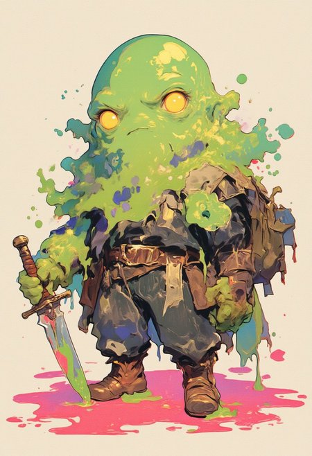 A cute, chubby slime warrior character with a semi-transparent, glossy green gelatinous body, glowing yellow eyes, and a slightly dripping texture. The slime wears a rugged, dark adventurer outfit partially covered by the slime mass, with visible leather boots and a belt with small pouches. The character wields a short, shiny dagger with slime dripping from it, and carries a large, worn backpack. The ground beneath is splattered with pink slime, creating a playful yet mysterious vibe. The style is colorful, cartoonish, and vibrant with smooth shading and clean outlines, suitable for a fantasy RPG game character design