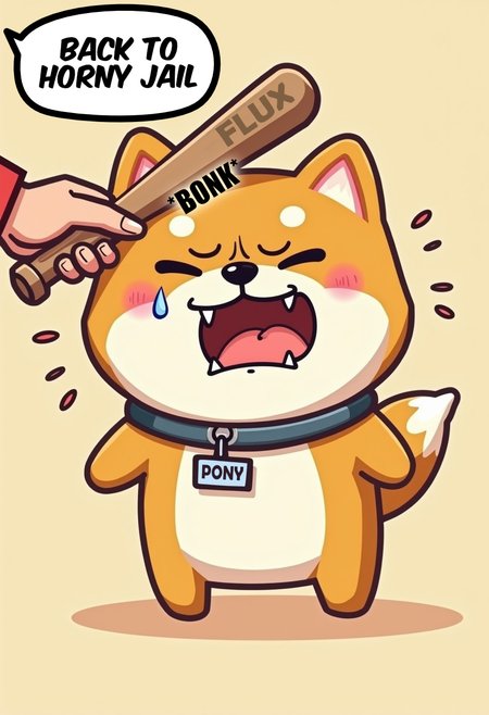 cute cartoon style, hand holding a wooden baseball-bat hitting  the head of a Shiba Inu dog with closed eyes, sad, a collar with a name tag with text "Pony",  angry, teeth, sad, tear, emphasis lines, cartoon lines,