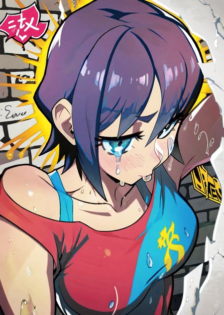 (by hata) anime flat color, 
1girl   sad cry upper body, torn clothes graffiti brick wall best quality, masterpiece,