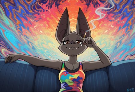 Graphic Design, cinematic lighting, color art, vibrant colors, colorful, intricate details, high contrast, detailed background, beautiful detailed, beautiful face, detailed eyes, detailed face, new, n41n4b4t, 1girl, solo, furry, bat (animal), bat ears, fangs, brown eyes, sleepy, colorful tank top, (abstract colorful acid background:1.4), smoking, smoke, ciggarette, smile, sitting, sofa, upper body, low angle, perspective, (masterpiece, best quality, newest, recent, absurdres),