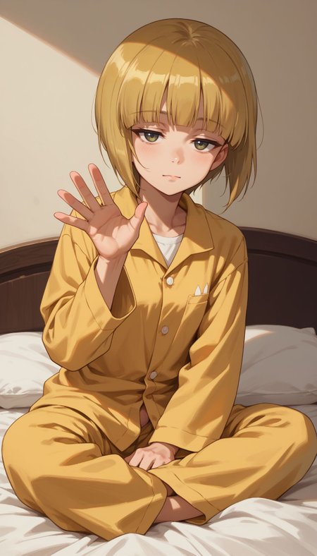 score_9, score_8_up, score_7_up, score_6_up, , solo,
 <lora:Cutlass:0.8> Cutlass _Girls_und_panzer, 1girl, short hair, blonde hair,ellow eyes, small breasts, blunt bangs, half-closed eyes, pajama,, sitting on bed, indian style, indoor, waving hands