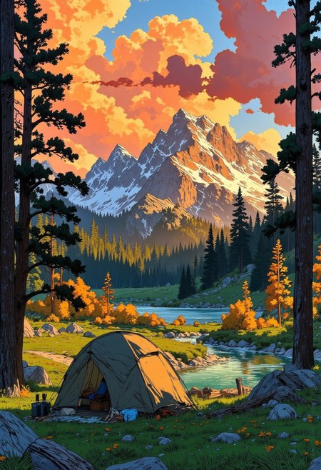 A breathtaking nature landscape at sunrise, capturing the serene beauty of camping in the wild. A cozy tent sits near a tranquil lake, with soft morning mist rolling over the calm water. Towering pine trees frame the scene, their silhouettes blending with the golden hues of dawn. In the distance, majestic mountains rise under a pastel sky, with warm orange and pink tones fading into deep blue. The background is the heart of the image—lush valleys, scattered wildflowers, and a winding river reflecting the first rays of sunlight. The mood is peaceful, nostalgic, and inviting, evoking memories of quiet mornings in the wilderness. A variety of color hues, from warm autumn shades to soft twilight blues, make the scene visually captivating, drawing the viewer into nature’s embrace. citybkg, VibrantlySharp style., Anime art