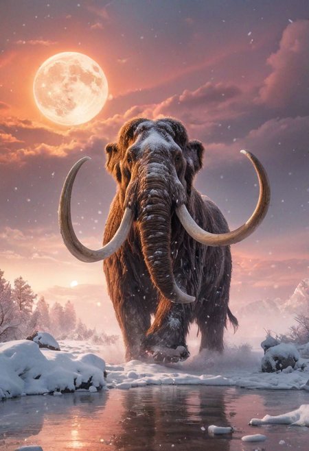 breathtaking Wildlife photography,RAW photo, majestic Woolly mammoth charging at viewer,  morning fog, dynamic snowfall, highly detailed, moon, big sun, snow on body, pink and orange clouds, detailed water, vivid colors, <lora:add-detail-xl:.7>  . award-winning, professional, highly detailed
