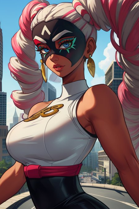 Twintelle,  long twin drill hair, multicolored hair,domino mask, pink eyelashes,  upper body, close up, looking at viewer,  large breasts, 
TwiAttire, tight black pants, bare shoulders , tight white shirt, jewelry, sleeveless,red sash,  
city arena, morning, 
(insanely detailed, beautiful detailed face, masterpiece, beautiful detailed eyes, best quality) <lora:Twintelle-10:0.8>