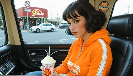 1970's cinematic still, (style of Diane Arbus), (stunning woman, feminine allure, medium bosom:1.2), Mazzy_Tangle, velour tracksuit in earthy tones with a zip-up hoodie, 70s style drive-thru burger joint: a fast-food restaurant with a drive-thru window where customers in their cars order burgers, fries, and milkshakes, a symbol of the growing fast-food culture of the decade, b1-xl b2-xl b3-xl b4-xl