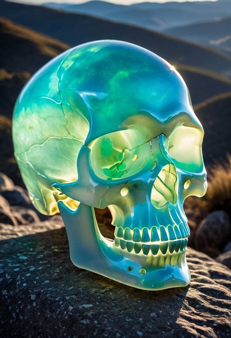 Fujifilm XT3, Sony A7 IV, (award winning photography) a translucent skull made of opal set on a stone ledge in the early morning light, glistening. in the background beautiful valleys, divine iridescent glowing, opalescent textures, volumetric light, ethereal, sparkling, light inside body, bioluminescence, studio photo, highly detailed, sharp focus (highest quality: 1.39) (highest coherency: 1.39) (award winning photography), highly detailed photography, (muted colors, cinematic, dim colors, soothing tones:1.2), vibrant, insanely detailed, hyperdetailed, (dark shot:1.2), (vsco:0.3), (intricate details:0.9), (hdr, hyperdetailed:1.2) (vignette), sss