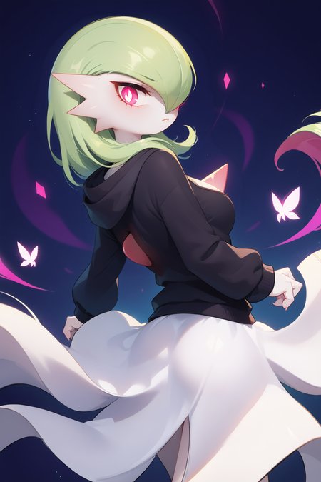 gardevoir, hoodie, red glowing eye, looking back, dress, hovering, psycic power, fyling rocks, purple energy, <lora:drunkoak.pony:1>,  <lora:visualnovel_pony_SDXLPONY_r12_768_dim32-a1-adamW:0.7> visualnovel_pony, lines, abstract background, glowing particles, full body, energy aura,, score_9, score_8_up, score_7_up