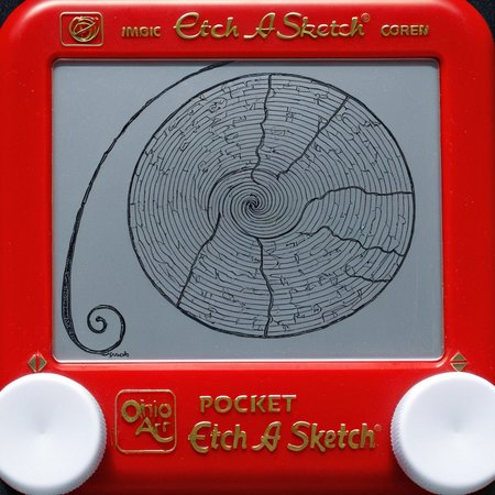 A photo of a red Etch A Sketch toy. The screen of the Etch A Sketch has a drawing of the Fibonacci sequence on it with the text "Spiral out" written underneath on the screen.. <lora:Etch_A_Sketch-000009:1>