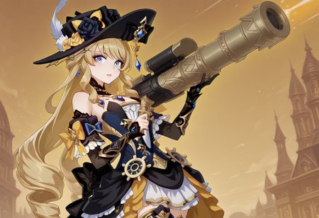 masterpiece, best quality, amazing quality, intricate details, dr3adsp1re, solo, looking at viewer, navia, fancy dress, ornate details, weapon, rocket launcher,