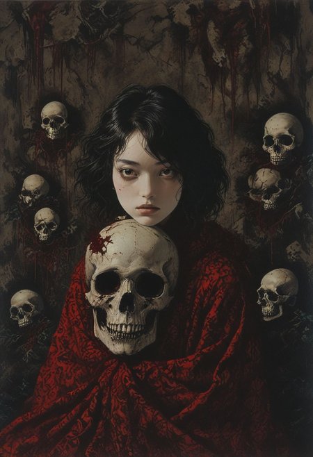 horror painting  , young woman cradling a skull surrounded by endless blood red velvet blankets ,  in the style of  takato yamamoto    , <lora:takma2:1>