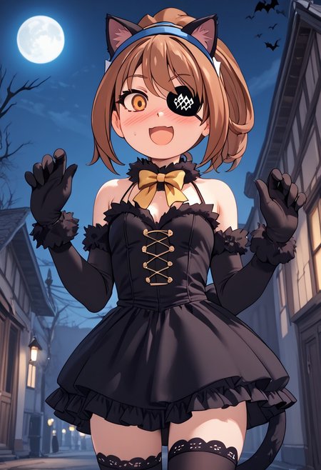 score_4,score_5,score_6,score_7_up,score_8_up,score_9 ((masterpiece,best quality,ultra detailed,highres,HD,4k:1.2)), 
jyuukyuu, flat color, deformed, deformed characters, round face,
1girl,solo,girl focus,solo focus,
Kohaku,brown hair, orange eyes, ponytail, sidelocks, hair band, blue hairband,
Halloween, Halloween costume, black cat costume, black cat tail, bare shoulders, black elbow gloves, sleeveless dress, ((yellow ribbon,yellow bow)),black dress, black knee-highs,((black eye patch)), happy,smile,open mouth,blush,