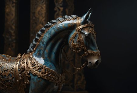 (Crafted Ceramic of a horse), gold filigree, cybernetic enhancements, machinery, rusty steel armor, triadic colors, stunning background. dark and moody, a mesmerizing blend of light and shadow. masterpiece, absurdres, intricate details <lora:TQCeramicStyle:0.9> Rembrandt lightning