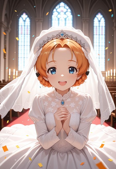 masterpiece,best quality,absurdres,highres,very aesthetic,high quality,detailed,insanely detailed,beautiful,perfect lighting, ,depth of field,blurry background,bokeh, looking at viewer,
 <lora:Orange Pekoe illu:1> 1girl, braid, short hair, orange hair, blue eyes, parted bangs, twin braids, hair bow, hat, jewelry,, long sleeves,wedding dress, veil, church, (confetti:1.1), smile, open mouth, white dress, wedding dress), indoors,