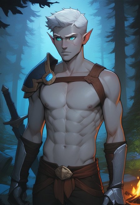 score_9, score_8_up, score_8, score_7_up, zyn, drow, male, standing, 25 years old, mischievous, handsome, flirty, dominant, narrow mouth, (half_elf:0.5), (((grey skin))), (((short white hair))), short cut sides, ((white eyebrows)), grey ears, (pointed_ears), cheek scar on left side of face, ((detailed turquoise eyes)), 1boy, sexy, athletic, abs:0.5, (shirtless, chest strap), shoulder armor, gauntlets, (sword-over-shoulder, weapon over shoulder, crossguard hilt), vox machina style, at night, warlock, fantasy, forest background, (dynamic lighting:1.1), campfire ((masterpiece))