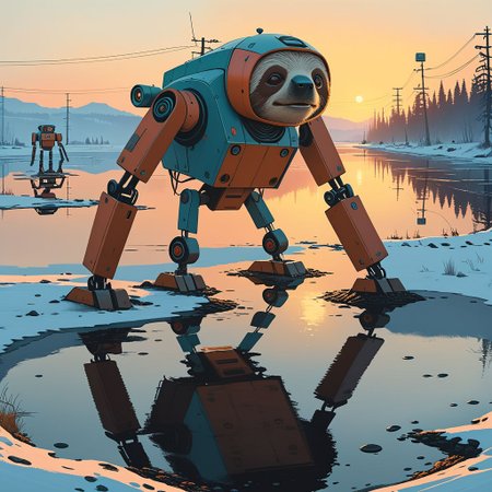 Cinematic, shot.
Dynamic view of an ancient goofy 12m tall disturbing (smiling) Sloth-shaped robot (and a man in front of it) in Simon Stalenhag's style from a futuristic era, at dusk hour with very long and realistic projected shadows, detailed frame, painting looks to be life like, on the ground, magical multicolored ink, high quality, imagination, fantasy art, vivid magical colors.
The shot takes place near an highway.
The robot is trying to cross an iced lake.
Many details everywhere. Ray-Tracing. Anti-Aliasing. Realistic reflections. Realistic soft shadows.
Slightly desaturated colors. 
Insane quality. Insane resolution. Insane details. Masterpiece.
16k resolution
By Simon Stalenhag.