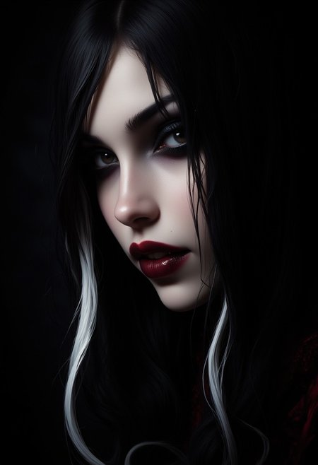 masterpiece, high detail, ArsMJStyle, dnddarkestfantasy, masterpiece, closeup portrait of stunning oriental vampire woman, long black hair with white streak, dark eyeshadow, red lips, mouth slightly open showing fangs, chiascuro, sexy, seductive, erotic, direct gaze, dark background. highest definition, HD32K, wallpaper, hyperdetailed, concept art, extreme closeup, side profile