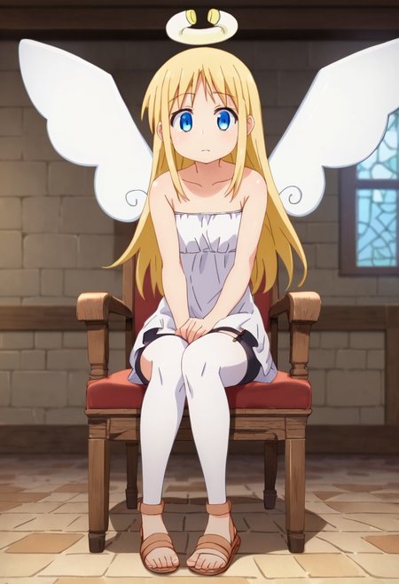 crimvael \(interspecies reviewers\),, blue eyes,blonde hair,long hair,angel,halo,wings,white dress,strapless,bare shoulders,bike shorts,sandals , thighhighs, indoors , sitting on chair,  score_9, score_8_up, score_7_up, ,source_anime, best quality, masterpiece,   , full body view ,   garter straps, collarbone ,  1girl , solo , girl focus ,