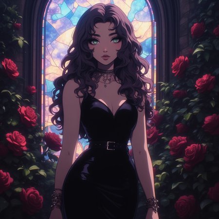 GLSHS, 1 girl, black dress, standing in rose garden with stained glass window with moon behind, green eyes, fitted dress, long styled hair, hello kitty jewelry, half open mouth, long eyelashes, makeup, evening light