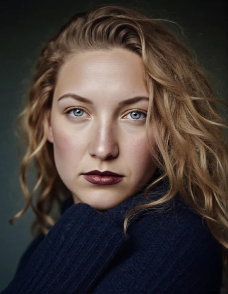 A photography of a young, beautiful woman with flowing, wavy blonde hair styled in soft, natural curls that frame her face elegantly, cascading down to her shoulders. She is wearing a warm, dark blue cozy knitted sweater in a soft, adding texture and a comforting feel to the composition. Her lips are painted with a dark wine red lipstick, creating a striking contrast against her white porcelain-like, flawless complexion. The light is dramatic and hard, casting sharp, defined shadows that accentuate the contours of her face her high cheekbones, jawline, and the gentle curve of her nose are brought into focus. Her gray-blue eyes are intense and captivating, framed by delicately arched eyebrows and dark, natural lashes. The texture of her skin remains luminous and smooth, with a subtle blush highlighting her cheeks. The background is blurred and muted, providing a neutral contrast that ensures all focus remains on her face and sweater. Individual strands of her hair catch the light, giving depth and realism to the image, while the hard lighting creates a slightly moody, editorial atmosphere, enhancing the dramatic tone. The framing is tight, focusing on her face and upper body, lending the image an intimate yet luxurious feel reminiscent of modern high-fashion photography. katehflx