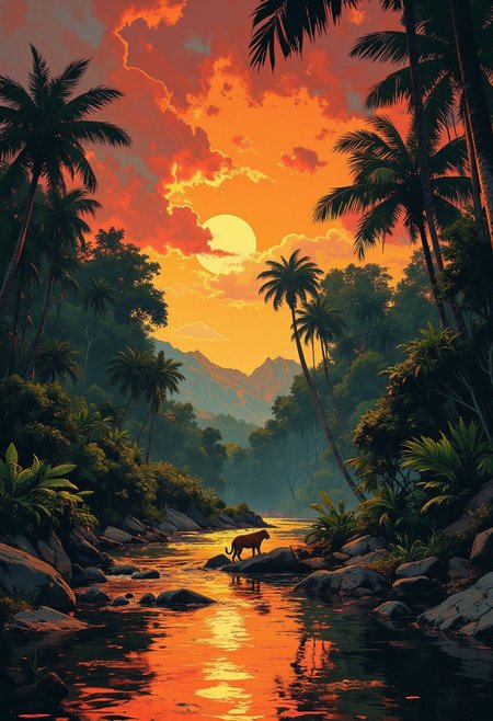 Paradise of Brazilian jungle side by sunset, 1tiger at riverside sneaks out of the jungle, reflection, shadowed Palms, best quality, realistic, whimsical, fantastic, splash art, intricate detailed, hyperdetailed, maximalist style, photorealistic, concept art, sharp focus, harmony, serenity, tranquility, mysterious glow, 
ambient occlusion, halation, cozy ambient lighting, dynamic lighting,a masterpiece, award winning, DB4RZ, DB4RZ style painting, NeoPigma, in the style of cksc,, anime, cyberpunk