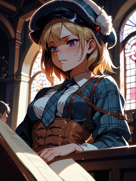 (upper body, solo focus:1.2) <lora:happy_tentacle-lovebeat-v0.2-000036:1>, ht_lovebeat, (blonde hair, purple eyes:0.7), pleated skirt, plaid skirt, plaid necktie, thighhighs, () ( (hat :1.1) :1.1) ( , , ( :1.2) , , (looking down:1.2) :1.1) , indoors, ((night, night sky :0.6), :0.8), ( window :0.9), (furniture:0.9), loaded interior , , , (people:1.1) , (medieval :0.9) ( :0.8) score_9, score_8_up, score_7_up, score_6_up, score_5_up, score_4_up, ( [(realistic, photorealistic:1.3):(realistic:1.2):14] [(3d:1.2)::12] :1) <lora:LUUNA's Lunas-NijiJourney-SDXL-B2:0.35>, nijijourney <lora:prgfrg23's Counterfeit-V3.0 Style SDXL_LoRA_Pony Diffusion V6 XL:0.5> <lora:mfcg's mfcgXL:0.12> <lora:reweik's gyokai(himehajime)_PonyXL_style_v01:0.14>