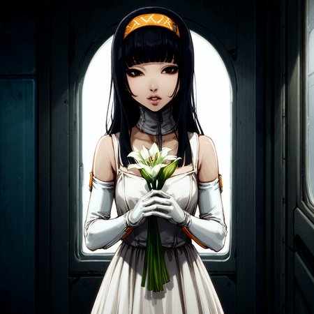 masterpiece, best quality, very aesthetic, yuriko, long hair, black hair, blunt bangs, gloves, black eyes, white gloves, lips, dress, hairband, elbow gloves, bare shoulders, motionless, holding lilies, in front of windows, spaceship interior