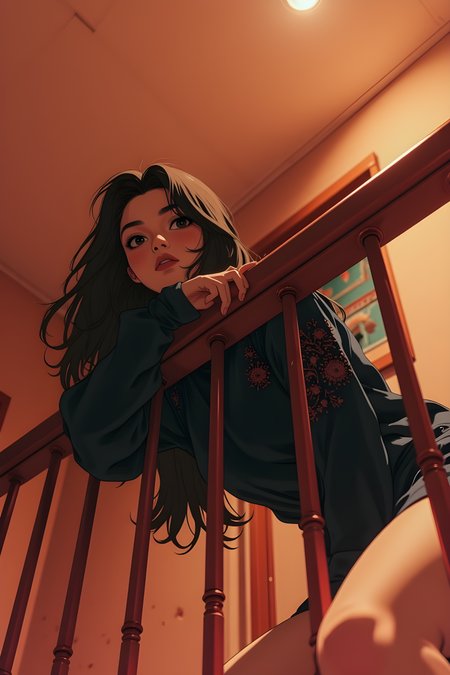 Portrait of a person leaning against a railing in a dimly lit, orange-hued environment. The individual has long, dark hair that falls loosely around their shoulders, adding to the overall sense of movement and texture in the scene.
The lighting is warm and intense, casting dramatic shadows and highlights across the person's face and body. The orange tones dominate the image, creating a sense of warmth and intensity. The background is slightly out of focus, with some blurred elements that suggest an indoor setting, possibly a staircase or a balcony.
The person's expression is neutral, with a slight hint of contemplation or introspection. Their gaze is directed towards the camera, creating a direct and engaging connection with the viewer. They are wearing a dark top with intricate embroidery, which adds a touch of detail and character to the image.
Overall, this image captures a moment of quiet reflection, with the interplay of light, shadow, and color creating a powerful and evocative visual experience. The composition is balanced, with the person positioned off-center, drawing the viewer's eye across the image. The use of warm tones and dramatic lighting adds depth and emotion to the photograph, making it a visually engaging and memorable piece.osition, and everyday objects to create a unique and memorable visual experience.
BREAK j_art, anime, anime art, <lora:FLUX\jul\J_Anime:0.7>, <lora:FLUX\Anime Art V3:0.1>, <lora:FLUX\Flux-jijia:0.2>