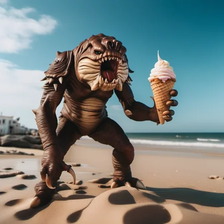 cinematic photo a full body portrait monster, claws, sharp teeth, icecream, on the beach  <lora:Rancor1024:0.8> . 35mm photograph, film, bokeh, professional, 4k, highly detailed