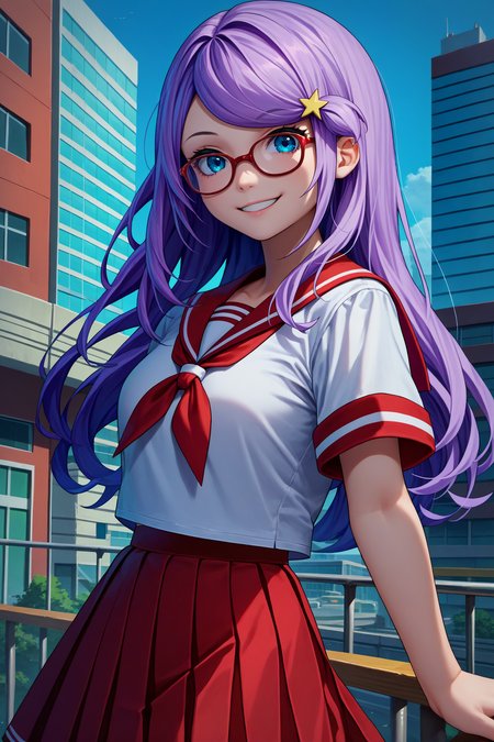 score_9, score_8_up, score_7_up, score_6_up, source_anime, 1girl, solo, <lora:rzanastasia-pdxl-nvwls-v1-000006:1> rzAH, lavender hair, long hair, swept bangs, blue eyes, white shirt, short sleeves, red sailor collar, red skirt, pleated skirt, blue sky, city, glasses, looking at you, happy, smile