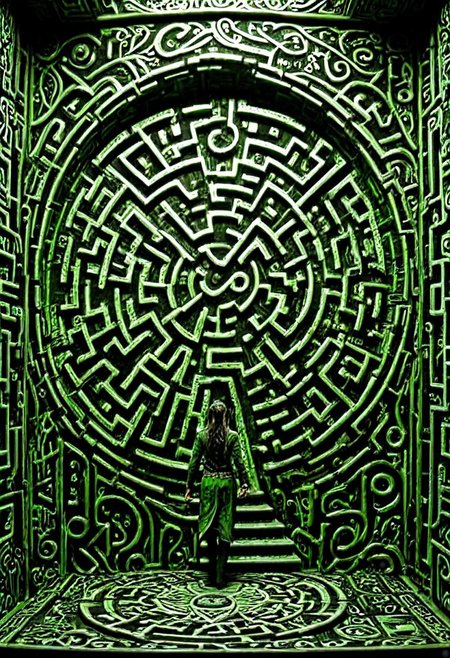 a 3 dimentional maze with stairs and  doorways pcb_style maze style, many sigils on the wall, an elven hunter is facing the enigma, high fantasy, lost in time, uncertainty, fundamental incomprehensibility of existence, metaphysical art, masterpiece, best quality