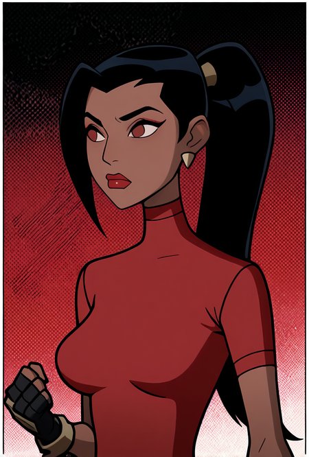 <lora:ovkai-10:1> ovkai, 1girl, long hair, black hair, dark skin, ponytail, earrings, lipstick, red shirt, short sleeves, turtleneck, fingerless gloves, cartoon, masterpiece, best quality, amazing quality, very aesthetic, absurdres, newest,, upper body, halftone effect, white borders, abstract background:1.2,