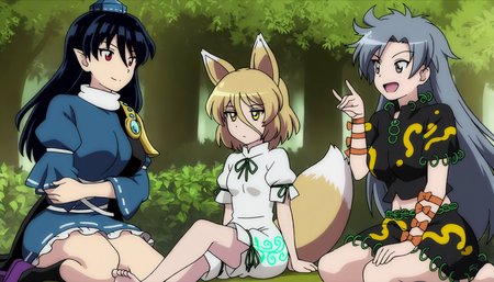 masterpiece,best quality,<lora:tgm-noob05:1>,anime coloring,
himemushi momoyo,iizunamaru megumu,kudamaki tsukasa,multiple girls,animal ears,fox ears,3girls,tail,pointy ears,barefoot,fox tail,purple footwear,hat,romper,blonde hair,tokin hat,red eyes,long hair,yellow eyes,dress,sitting,grey hair,socks,feet,blue hair,ribbon,breasts,tengu-geta,blue dress,smile,short hair,geta,hair between eyes,open mouth,ribbon trim,black socks,grey eyes,kneehighs,short sleeves,gem,pom pom (clothes),fox girl,outdoors,green ribbon,toes,blue headwear,large breasts,sleeveless coat,looking at another,nature,shoes,soles,fox shadow puppet,blue eyes,