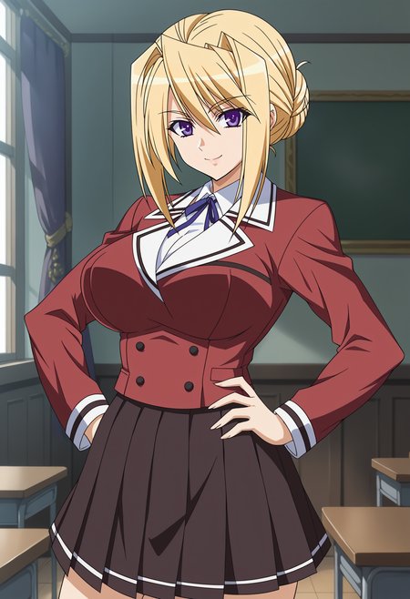<lora:Sylvia_van_Hossen-Princess_Lover_OVA:0.8>,Sylvia,1girl,solo,blonde hair,purple eyes,hair bun,large breasts,school uniform,red jacket,skirt,cowboy shot, looking at viewer, smile,indoors,hand on own hip,