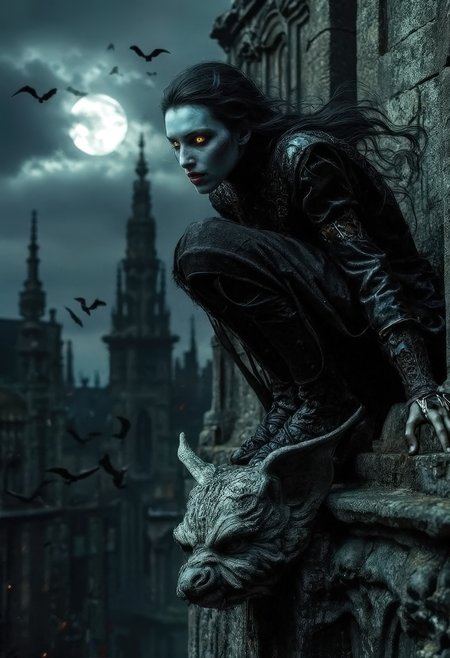 A dark, gothic scene close-up featuring a pale, elegant female vampire crouching atop a stone gargoyle. The vampire wears a long, flowing black velvet dress adorned with intricate lace and corset detailing. Her eyes glow a dim deep crimson, contrasting against her alabaster skin, and her lips are painted a blood-red. Her long, dark wind-blown hair cascades down her back, blending into the shadows. The gargoyle beneath her is grotesque and weathered, gripping the edge of a cathedral rooftop. The setting is a towering, gothic cathedral at night, illuminated by the eerie light of a full moon that peeks through dark storm clouds approaching. Bats circle in the distance, silhouetted against the moonlight. The vampire gazes down with an expression of cold power, her posture regal and predatory. The scene is rich with Gothic architecture, flying buttresses, and ornate stone carvings. Dark, moody lighting, with heavy shadows, gives the image a foreboding atmosphere: ultra-detailed, cinematic realism, 8k resolution, high contrast, dark fantasy art style.