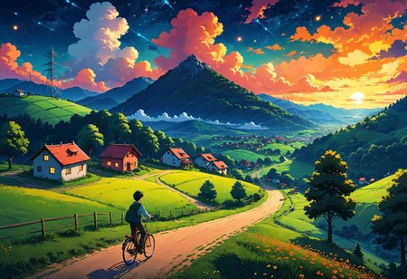 Ariel view. a vast landscape with great hills.  an old country. Variety of trees.  villages with variant colored cozy houses.  fireflies. Transmission tower. Fluffy clouds on a beautiful night sky with stars.  cars driving with lights on. A man riding a bicycle.  warm.  serene. night time<lora:xl_more_art-full_v1:0.3> <lora:add-detail-xl:0.5> <lora:MJ52:0.5>, anime art style, anime digital art, expressive anime art, dynamic composition, anime style, vibrant, studio anime, highly detailed