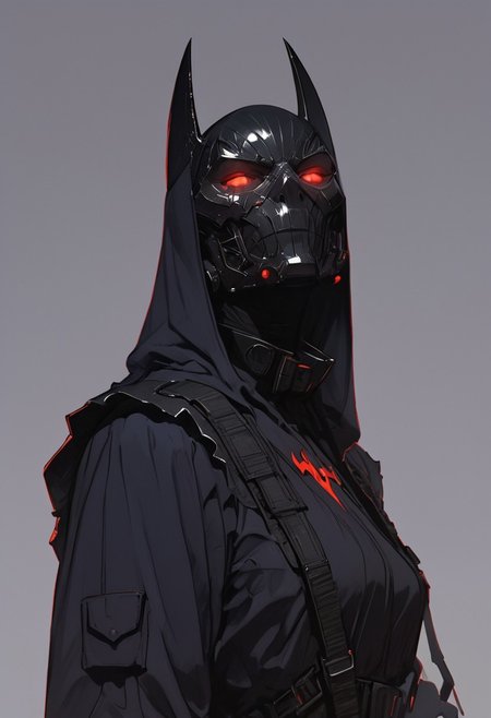in the style of Yoann Lossel, Marc Simonetti, illustration, zPDXL3 , score_9 , score_8 , score_7  Batman Beyond is a futuristic version of the classic Batman character. His suit is sleek, form-fitting, and designed for advanced combat, with a primarily black color scheme and a striking red bat symbol emblazoned across the chest. The suit’s material is made of flexible, durable nanotech, providing enhanced mobility and protection. The cowl features sharp, angular lines, and the eyes are glowing white, giving a menacing appearance. Terry wears a full-face mask that covers his entire face, adding to the mysterious and intimidating look. The suit also incorporates advanced tech, including a built-in computer system, wings for gliding, and a variety of gadgets hidden in the suit. His gauntlets have retractable blades, and the boots allow for enhanced agility. Unlike Bruce Wayne's traditional Batman, Terry’s suit is far more streamlined and modern, representing a high-tech evolution of the Dark Knight's legacy in a dystopian future. The overall look is sleek, sharp, and imposing, fitting for a new era of crime fighting.
