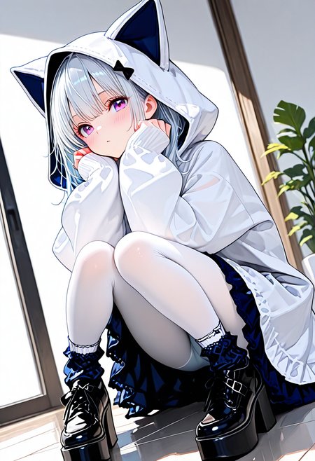 masterpiece, ultra-HD, very aesthetic, 8K, high detail, depth of field, score_9, score_8_up, 
BREAK
BREAK
1girl, solo, 
BREAK
bustle skirt, white dress, sleeves past wrists, white Hood, white pantyhose, dark blue frilly socks, oversize high platform shoes, 
BREAK
<lora:Cat_hood_One-piece_setã­ãã¿ã¿ãã¼ãã¯ã³ã:1>,