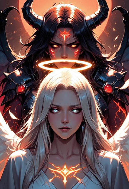 (masterpiece), (best quality), (8k), 2girls, angel and demon, intense stare-down, tension, glowing eyes, magical aura, emissive lighting effects, cinematic lighting, golden hour glow, divine vs infernal contrast, glowing halo above angel, broken or burning halo above demon, floating sparks, glowing tattoos or markings, glowing feathers vs shadowy wings, ambient light particles, symmetrical composition, high detail, soft shadows and light contrast, dramatic environment, detailed armor and flowing cloth, mystical energy in air,
