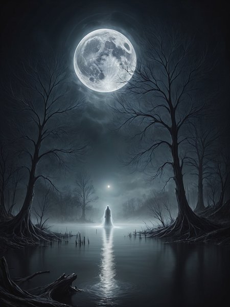 Create an image of a (mysterious ghostly figure made of mad-wsps:1.2) floating above an eerie lake scene under the moonshine. The ghost should have a translucent, ethereal appearance with faintly glowing edges. The lake should be calm, with dark, reflective water that captures the moon's glow. Surrounding the lake, there should be dense, shadowy trees partially shrouded in mist.  The sky is clouded, allowing the moon to cast an eerie light through gaps in the clouds, adding to the ghostly ambiance. Overall, the scene should feel chilling and otherworldly, with a haunting, mysterious atmosphere <lora:Elemental_Wisps_SDXL:0.7>, (masterpiece:1.2), best quality, (hyperdetailed, highest detailed:1.2), high resolution textures