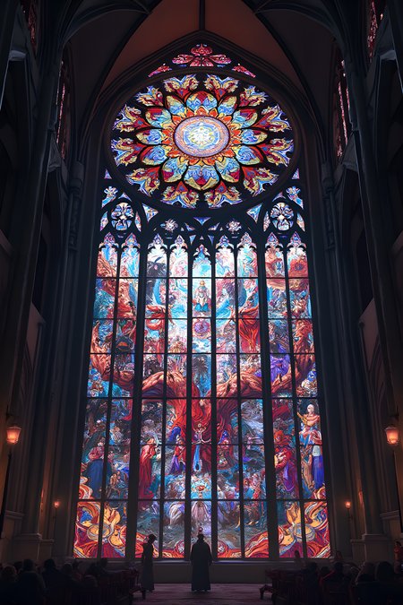 giant geometric shape, Epic stained glass window of a church Colorful glithering beautiful gothic fractal geometry on mandala, Hyperdetailed by Arthur Rackham, intricate details, textured, volumetric, vivid, Antoine Blanchard, vibrant colours, beautiful lighting, perfect composition: detailed matte painting, deep color, fantastical, intricate detail, splash screen, complementary colors, fantasy concept art, 8k resolution trending on Artstation Unreal Engine 5 . masterpiece, best quality, very aesthetic, absurdres
