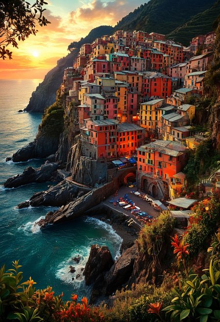 Create a photorealistic image of the Riomaggiore coastal village (Cinque Terre), a rich and complex image of nature, a vibrant tissue of hues and textures captured digitally, best quality, double exposure, realistic, captivating, fantastical, splash art, intricately detailed, hyper detailed, maximalist style, photorealistic, concept art, sharp focus, harmony, serenity, calm, mysterious glow, dynamic lighting, masterpiece, superb composition, finest details, highest aesthetics, strong muted highlighter of fantastical jungle,  mystical glow, best quality, sharp focus, high contrast, stylized, clear, colorful, ultra quality, 8k, best quality, masterpiece,midjourneyv6.1