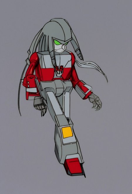 MetalKnuckles, 1boy, robot, mecha, red body, round head, medium-long metallic gray muzzle, pointy gray nose, green eyes, black sclera, colored sclera, five long strips of red metal with joints. white intake tips extending downward from the sides and back of head, red ellipsoid torso, rectangular intake with a white rim on chest, rocket exhaust on rear, gray upper arms, red forearms, long and thick paws with two gray and sharp claws for fingers, white rims around the claws, yellow circles on the back of the paws, gray upper legs, red lower legs, red shoes, green cuffs, yellow stripes across the middle, dark gray soles, and bolted gray plates on top of feet, solo, full body, Transformers, Animation, <lora:Transformers 86 FT:1>