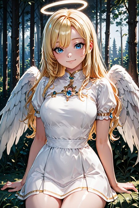 masterpiece, best quality, medium breasts, (curvy),  BREAK,  1girl, solo, blonde hair, wavy hair, angel, angel wings, halo, smile, sitting, forest, white dress, smile, looking at viewer, cowboy shot,   ,<lora:BeautifulCAT_IXL_v2:1.0>,