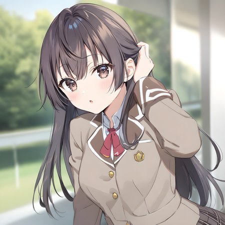 suou_yuki, brown hair, brown eyes, long hair, solo, 1girl, medium breasts, school uniform, skirt, jacket, :O, parted lips, looking at viewer, school background, <lora:XL-SuouYuki:1>