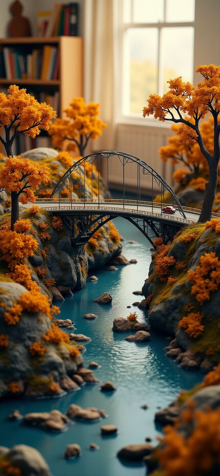 (indoor,very wide isometric view,tilt-shift lens:1.6), (windowless,miniature,miniature,diorama,miniature,diorama,PVC,plastic:2),sunset autumn ,grand_canyon,steel arch truss bridge,road,tunnel at (floating island,levitating  island:1.5) on (table:2) at (study:2.5)   <lora:Diorama_Flux:1>