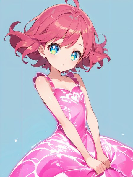 score_9, score_8_up, score_7_up,source_anime, high res image,masterpiece,best quality,(girl:1.0),cute face,clear skin,shiny hair,ultra detailed eyes,simple background, <lora:glow dress_pony_V1.0:0.6> glow dress, henshin,pink dress